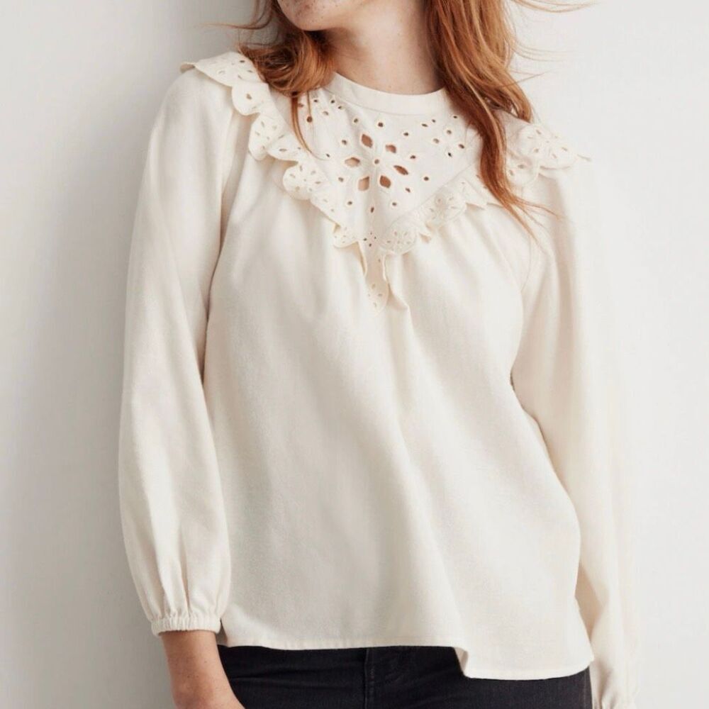 MADEWELL | Embroidered Flannel Mockneck Top Ivory Cream Lace Eyelet | Size 3X